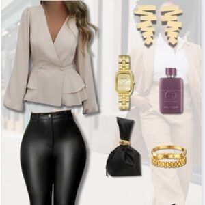 Tan Deep V Peplum Top with Ruffles and Balloon Sleeves